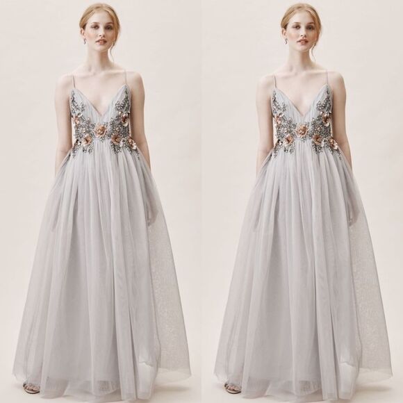 BHLDN Gray Maxi Dress with Floral Embellishments - Picture 1 of 5